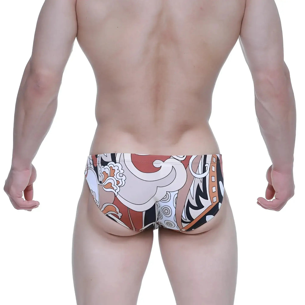 MetroMaleWear vivid bikini 5103-m69 men’s swim trunks with bold abstract burnt orange white black and beige pattern