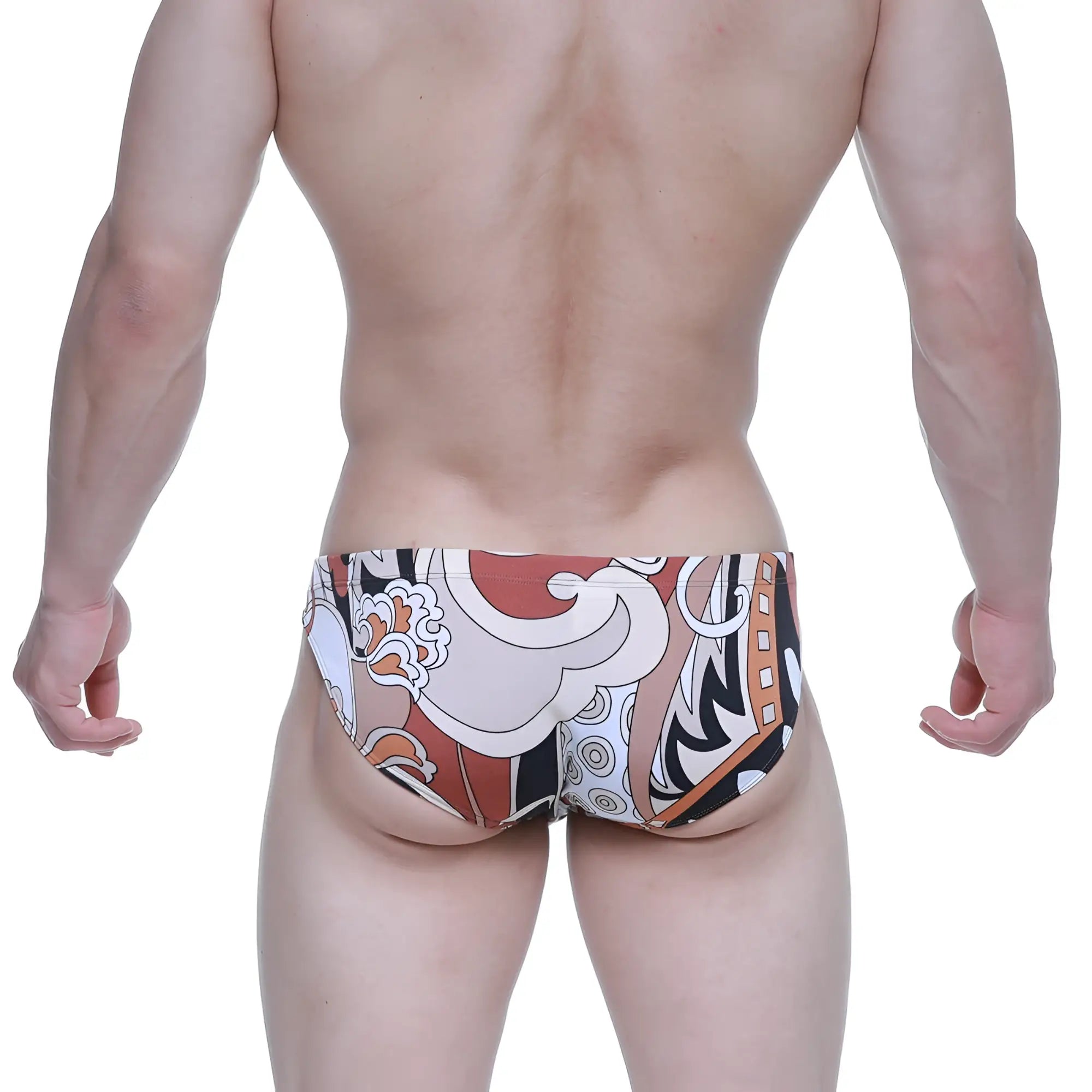 MetroMaleWear vivid bikini 5103-m69 men’s swim trunks with bold abstract burnt orange white black and beige pattern