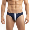 Navymalewear volcano thong black 1322-31 navy blue and white striped sleek form-fitting swim trunks front view