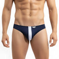 Navymalewear volcano thong black 1322-31 navy blue and white striped sleek form-fitting swim trunks front view