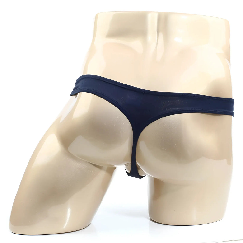 Navy blue metroMalewear volcano thong made of stretch fabric with a thin seamless design shown from the back side