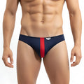 Navy blue and red striped metro malewear volcano thong swim trunks with white brand tag on waistband