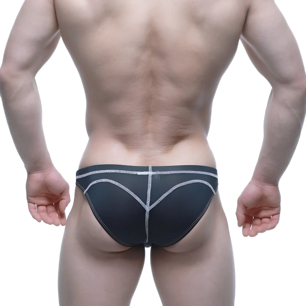 Back side of metro malewear wahoo sheer swim bikini black briefs with white heart-shaped stitching detail