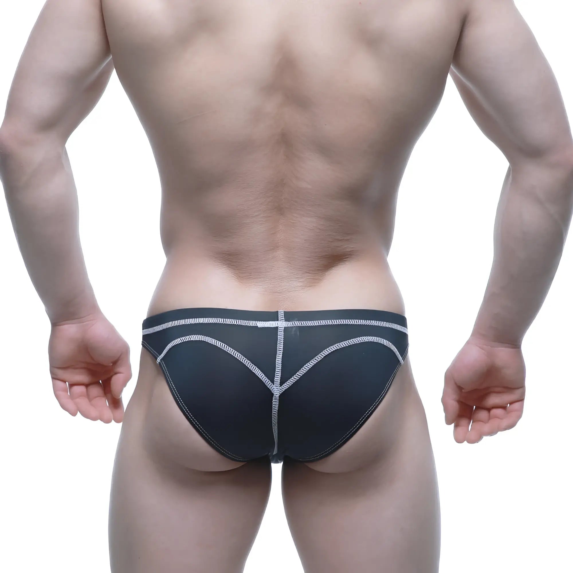 Back side of metro malewear wahoo sheer swim bikini black briefs with white heart-shaped stitching detail