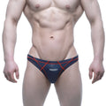 Navy blue and red patterned mens briefs with bold geometric design from metromalewear wahoo sheer swim bikini line