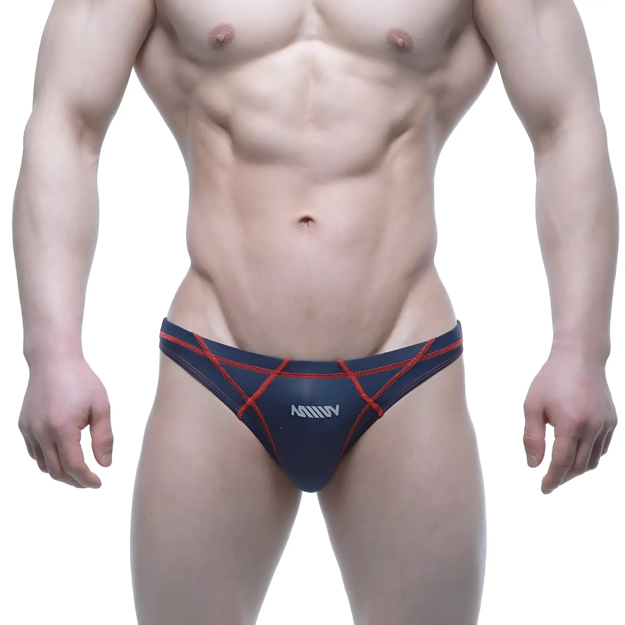 Navy blue and red patterned mens briefs with bold geometric design from metromalewear wahoo sheer swim bikini line