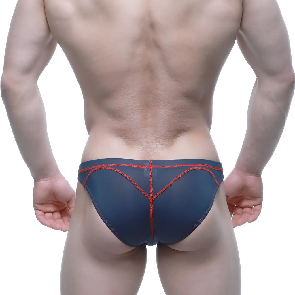 MetroMaleWear WAHOO sheer swim bikini dark blue navy briefs with red stitching along seams and edges