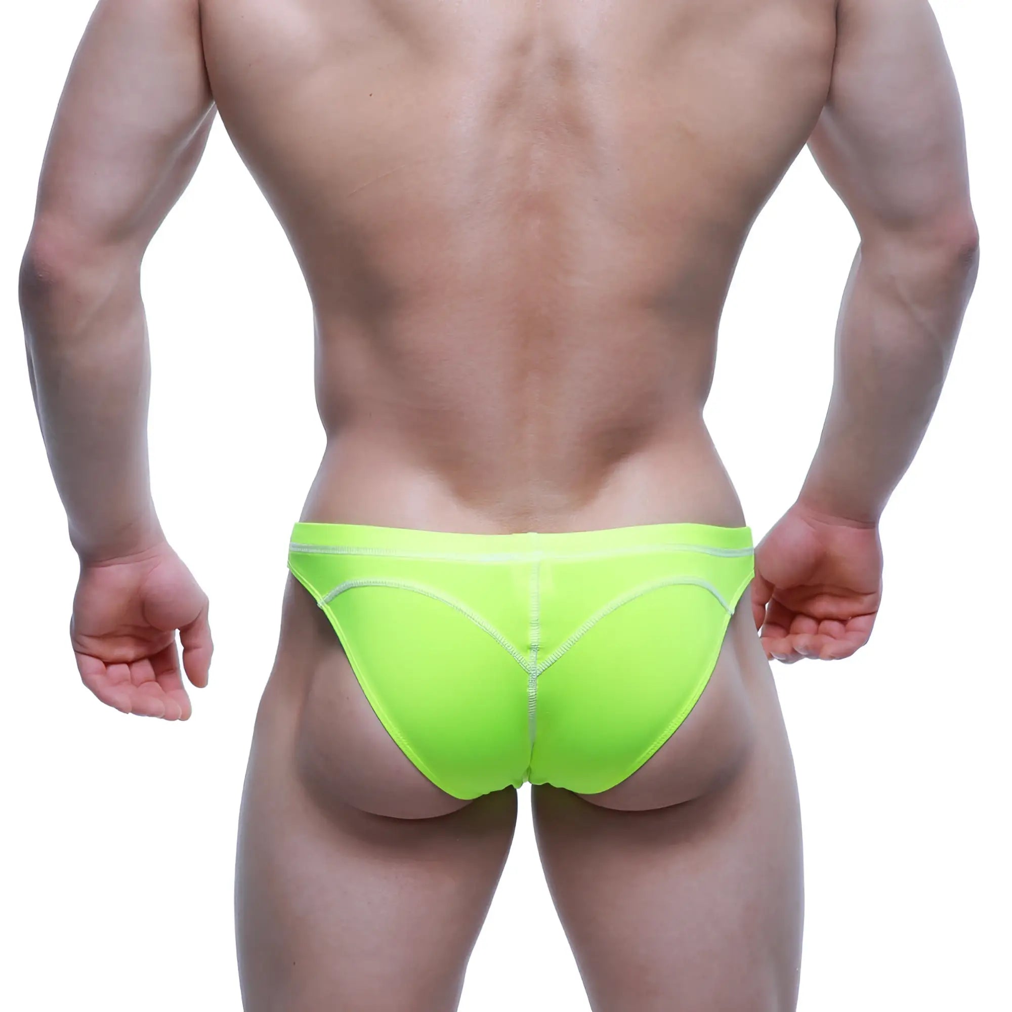 MetroMaleWear WAHOO SHEER neon green swim bikini with bright neon green athletic briefs and white stitching along seams