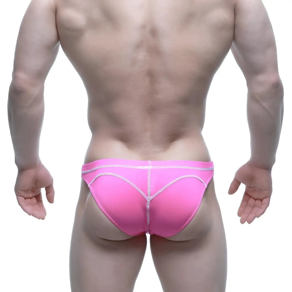MetroMaleWear WAHOO SHEER swim bikini neon pink form-fitting briefs with white stitching along seams and waistband