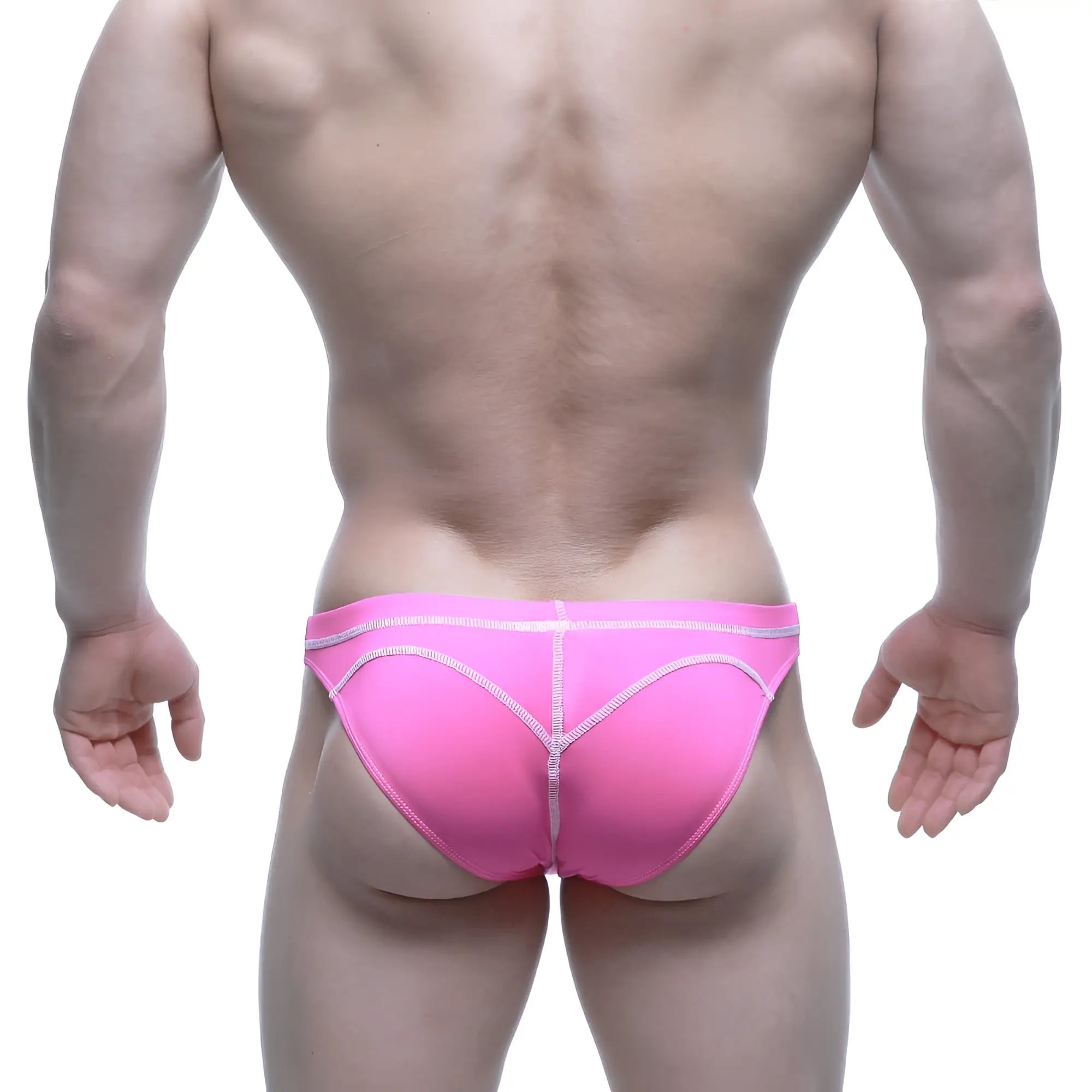 MetroMaleWear WAHOO SHEER swim bikini neon pink form-fitting briefs with white stitching along seams and waistband