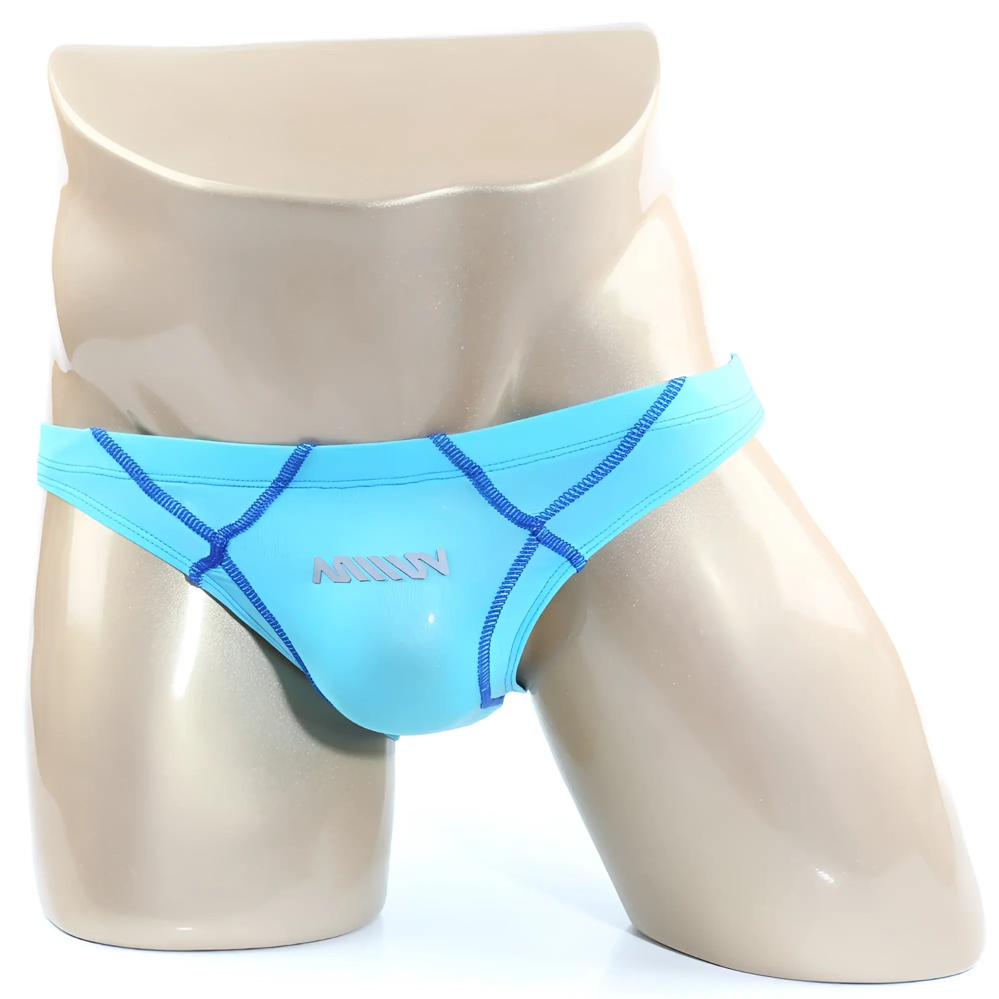 Light blue metro male wear wahoo sheer swim bikini with navy stitching and subtle front logo for swimming