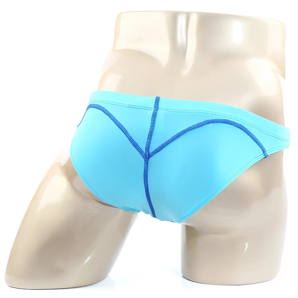 Light blue metroMaleWear wahoo sheer swim bikini with navy blue stitching along the seams for beachwear