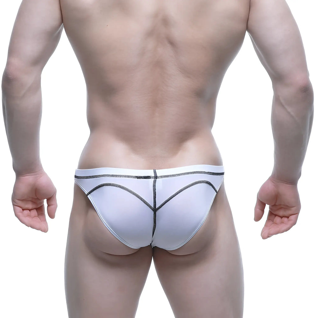 MetroMaleWear WAHOO SHEER white athletic swim bikini with black zigzag stitching along edges in sheer fabric