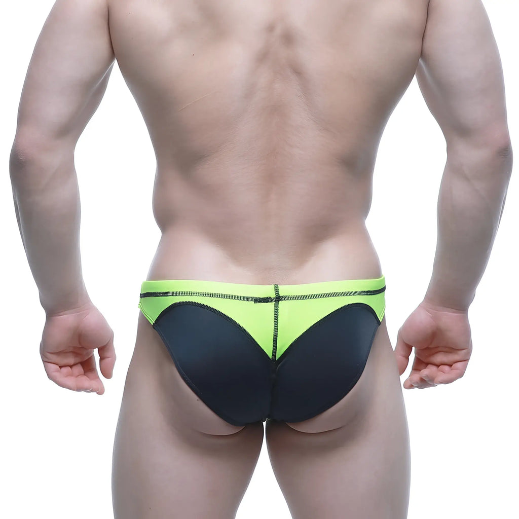 MetroMaleWear WAHOO swim bikini neon green with black athletic briefs featuring a bold contrasting design