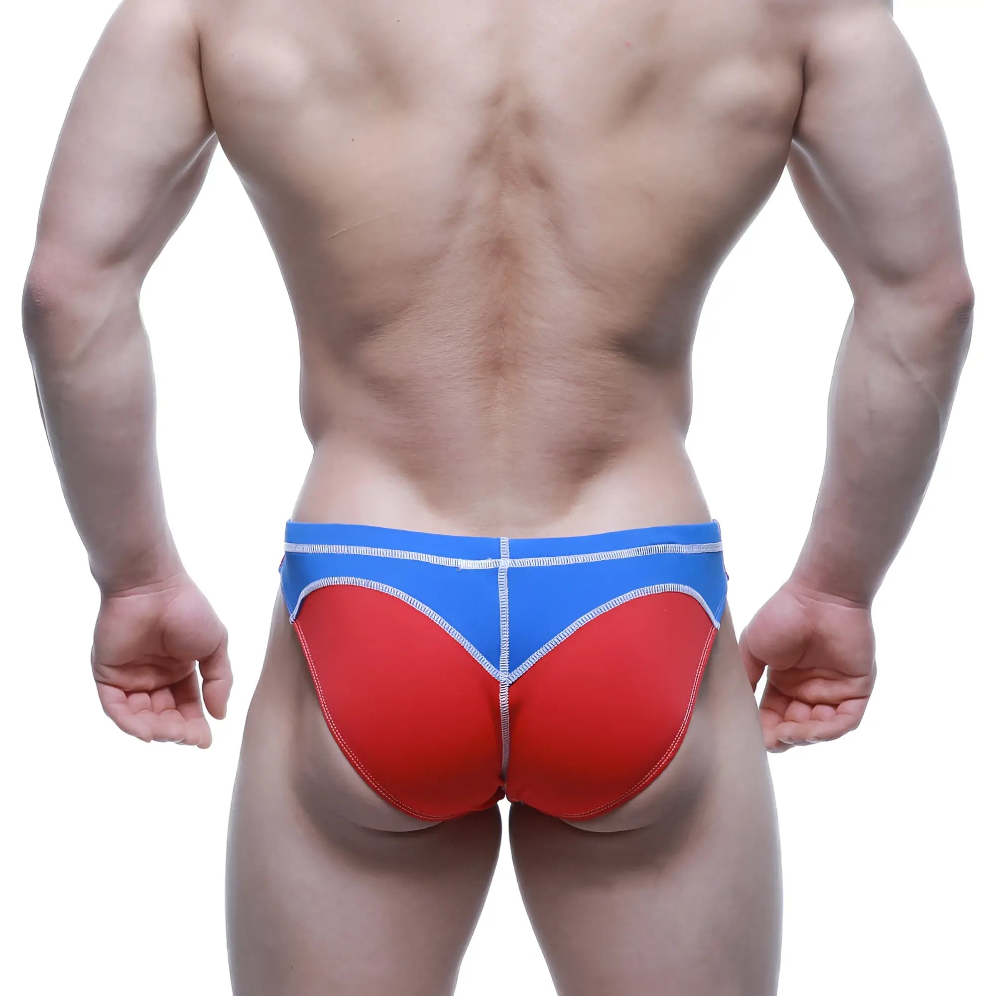 Metro malewear wahoo swim bikini in red and blue with white stitching details designed for athletic use