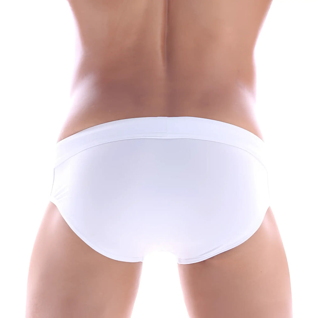 White seamless briefs by metromalewear featuring a smooth design for comfortable waist belt swimwear use