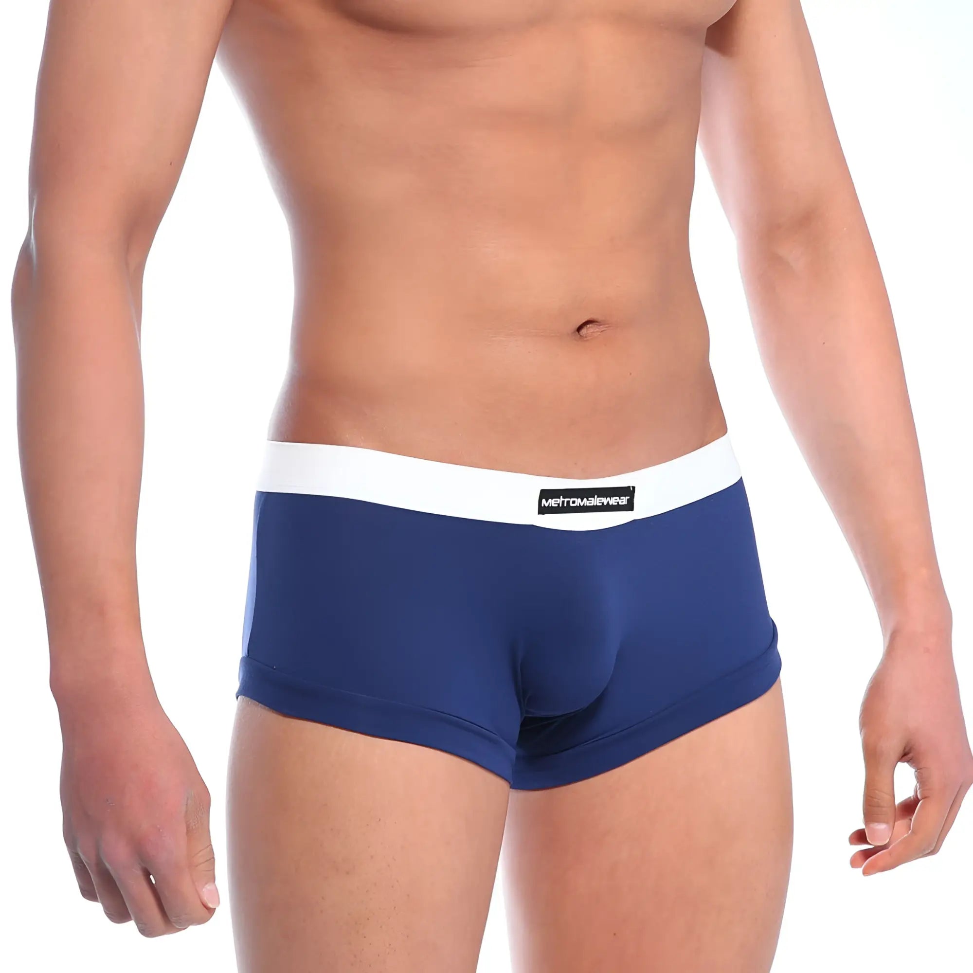 Navy blue MetroMaleWear briefs with white waistband and brand label designed for comfort and style