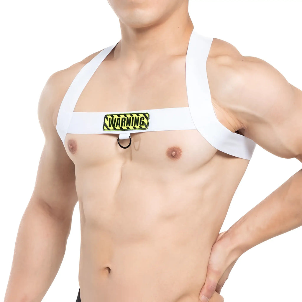 White metro malewear warning harness with yellow and black warning patch across the chest for safety use