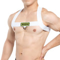 White metro malewear warning harness with yellow and black warning patch across the chest for safety use