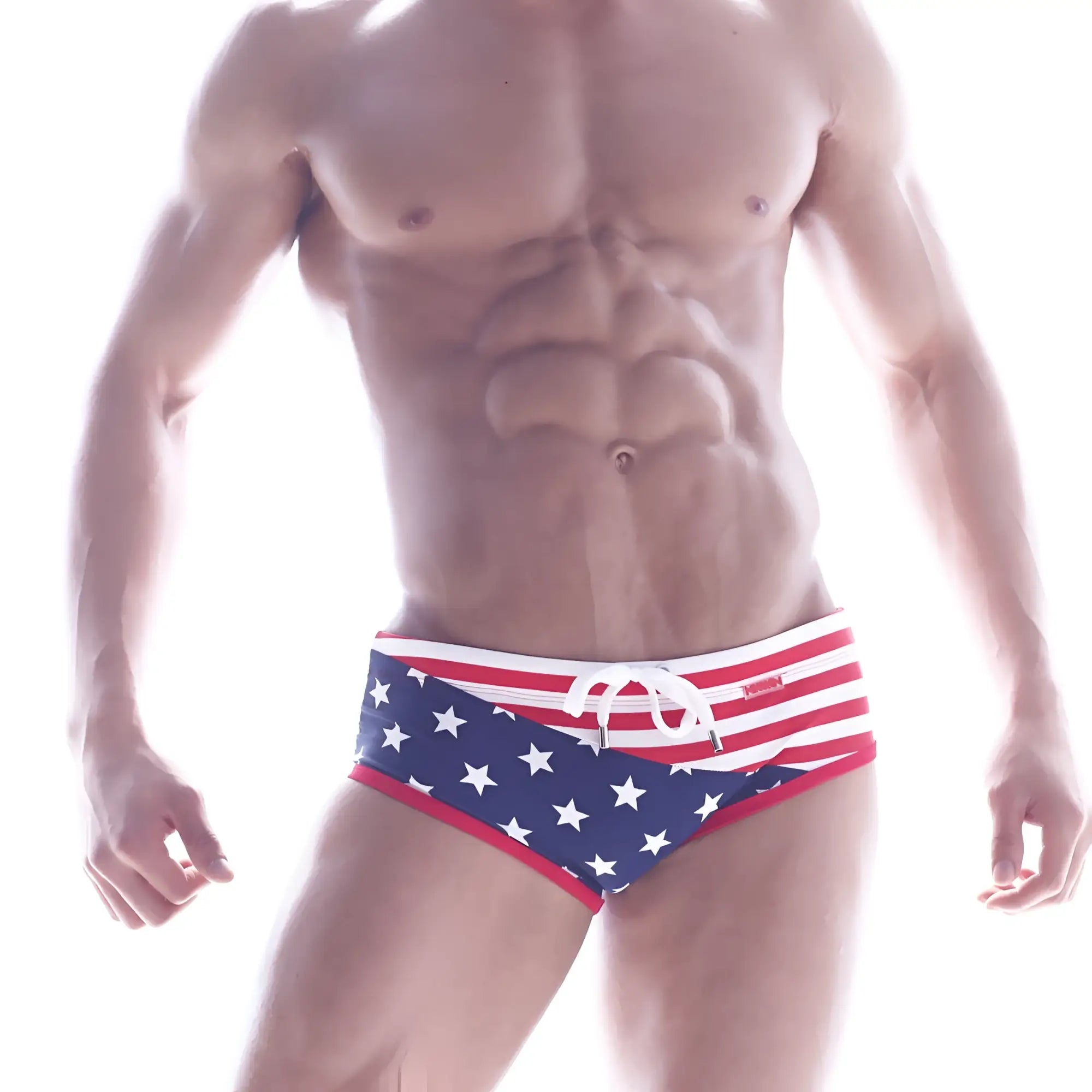 Metro malewear wave swim brief patriot 4918-90 american flag-themed swim trunks with red white blue star front panel
