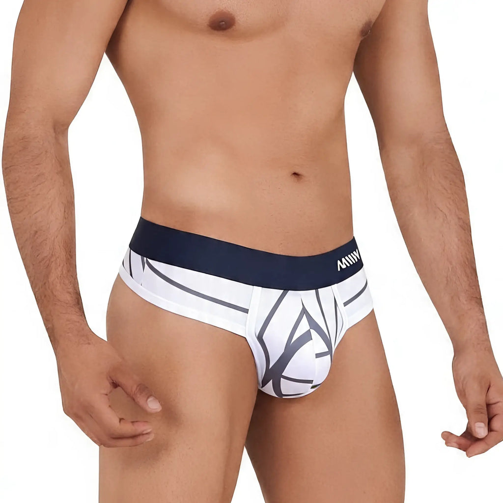 White briefs with navy blue waistband featuring Anw branding and dark gray geometric pattern metroMalewear web thong 5012-40
