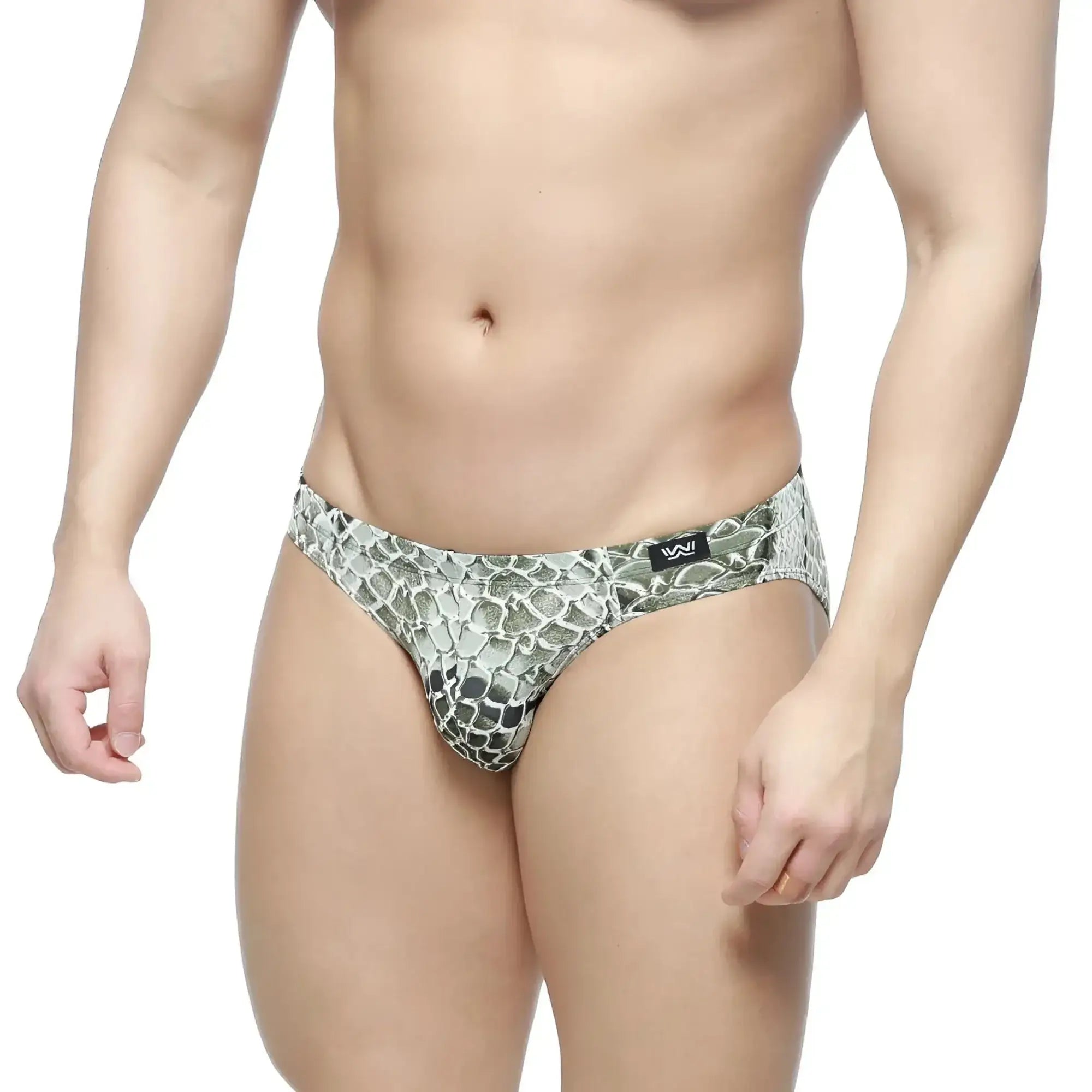 Metro malewear wild bikini 5103-95 snake-print men’s briefs in metallic silver and black featuring sleek design