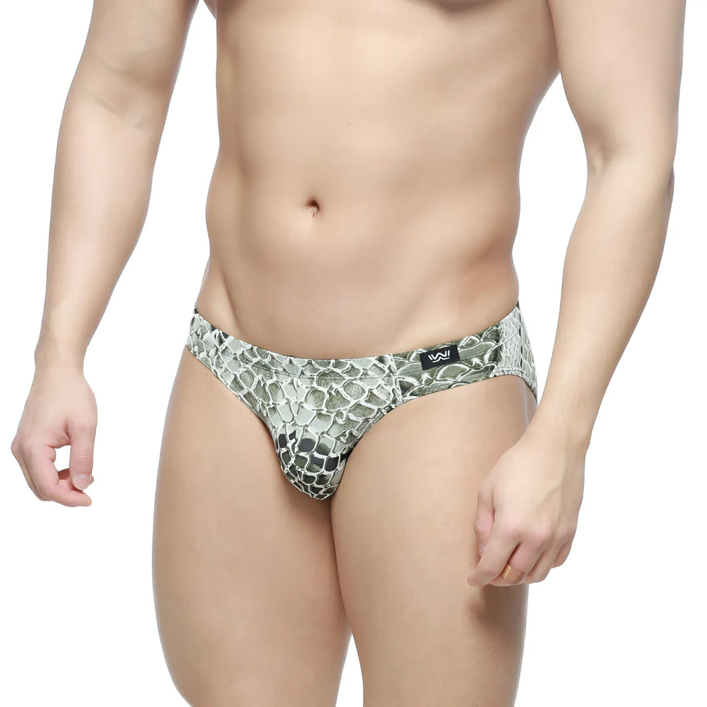 Metro malewear wild bikini 5103-95 snake-print men’s briefs in metallic silver and black featuring sleek design