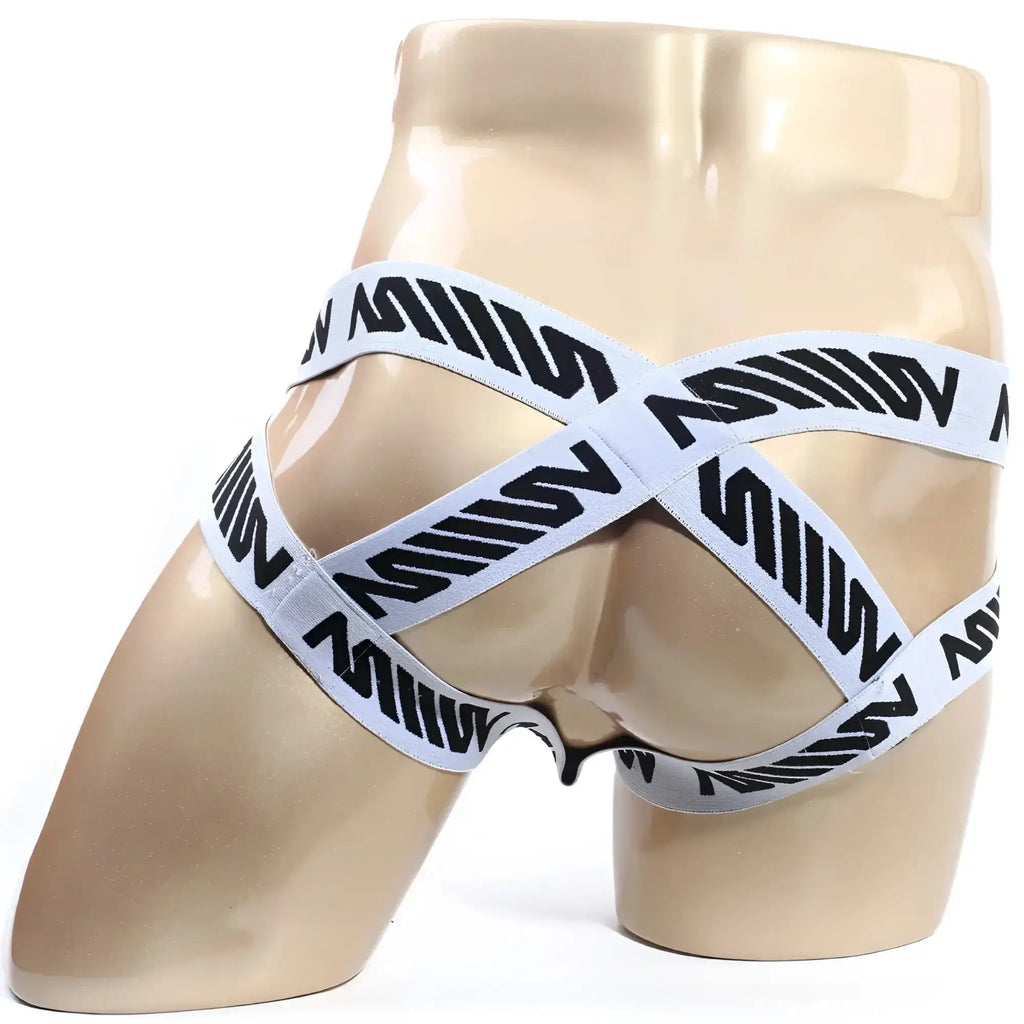 White and black striped athletic briefs with bold repeating logo pattern from MetroMaleWear Wild Buddy jock strap red 2929-12