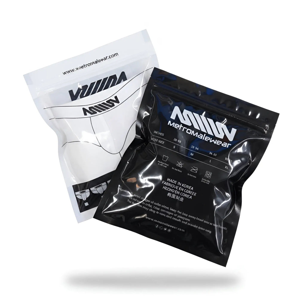 Black and white packaged mens underwear from metromalewear featuring winning body harness elastic in red