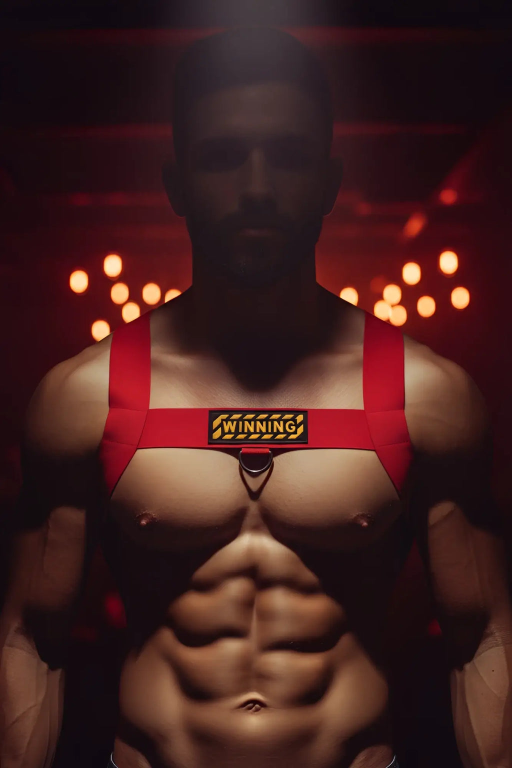 Red elastic body harness with black and yellow winning patch across the chest from metromalewear
