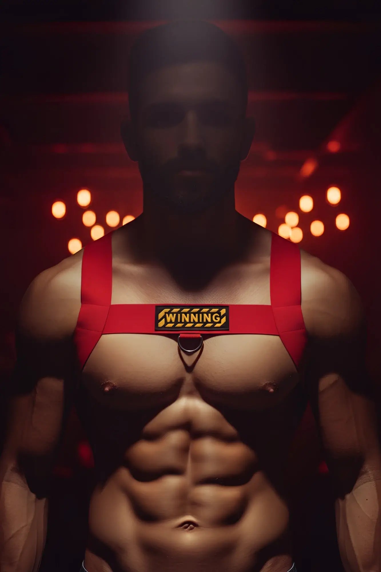 Red elastic body harness with black and yellow winning patch across the chest from metromalewear
