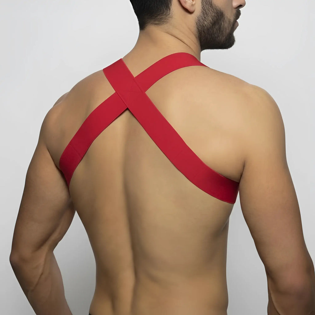 Metro malewear winning body harness elastic red back view showing cross-back strap design and stretchy material