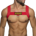 Red elastic fabric harness with black and yellow winning patch and silver metal ring from metromalewear