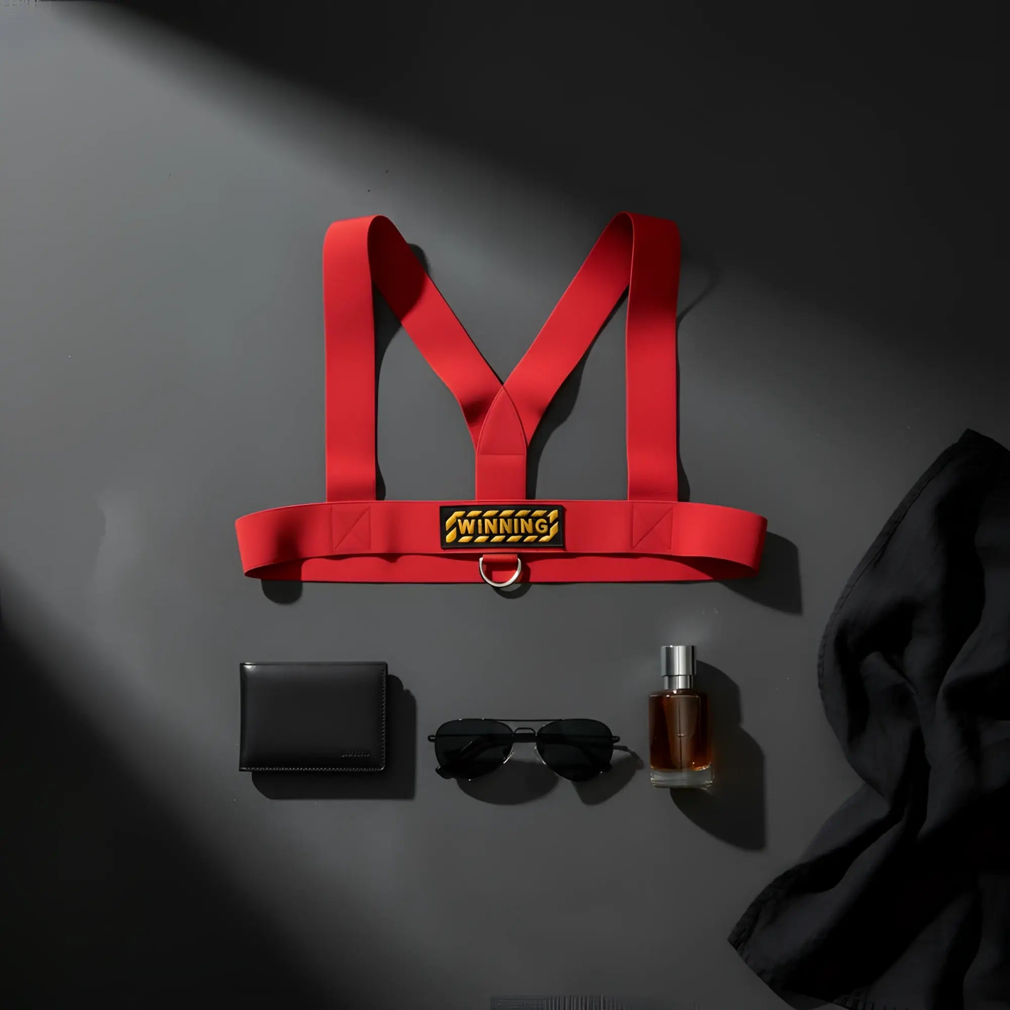 Red elastic metro malewear body harness with gold winning plaque and metal ring for secure fit and style