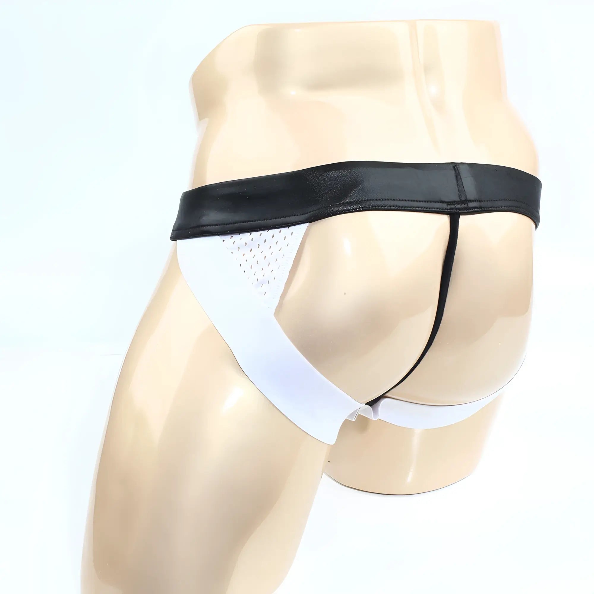 Black and white MetroMaleWear Wonder Jock Strap 2001-73 thong with shiny black waistband and mesh side panels