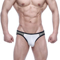 White and gray athletic briefs with black trim from metromalewear xallas bikini 5113-40 for active wear