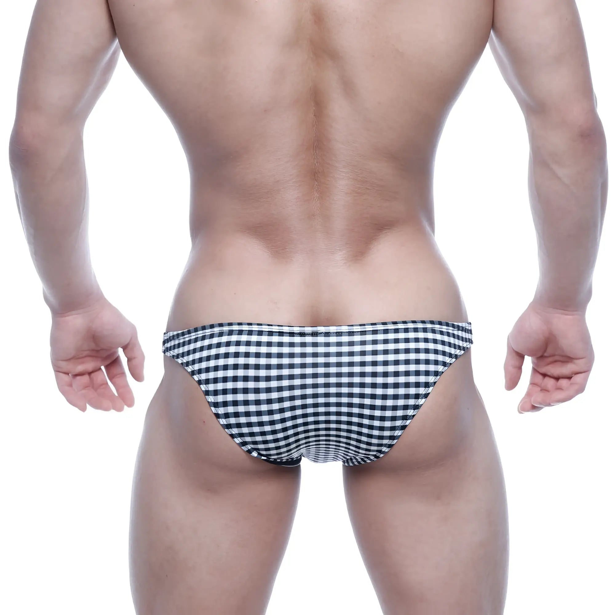 MetroMalewear xtreme bikini black plaid swim trunks feature a black and white checkered pattern for bold style