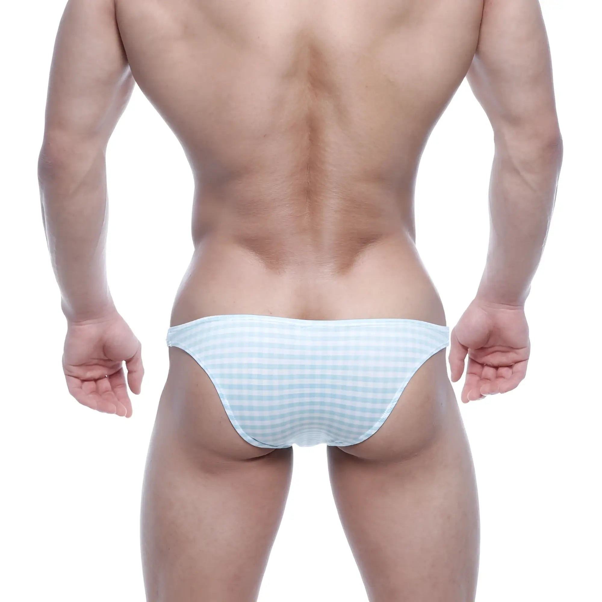 Light blue and white checkered swim trunks metroMalewear xtreme bikini blue plaid 6005-43 for swimwear use