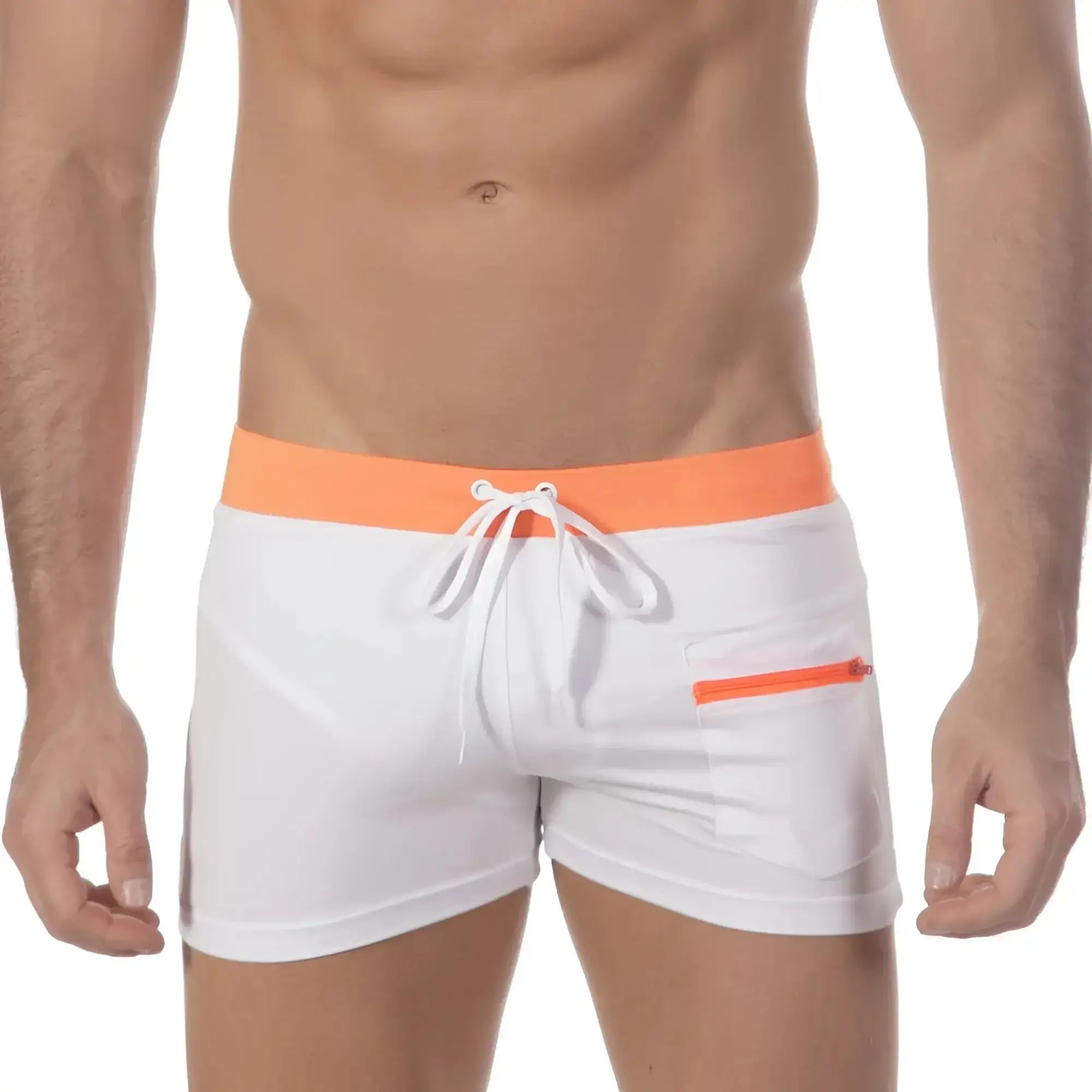 White swim trunks with bright orange waistband and zipper pocket featuring white drawstrings metro malewear zip swim boxer