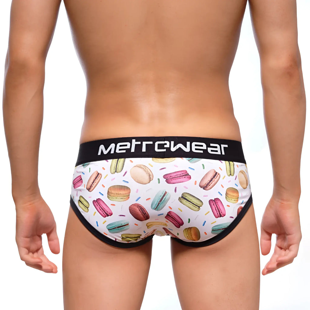 White briefs with colorful macaron pattern black trim and metrowear brand name on waistband metroMalewear macaron brief 9003-32