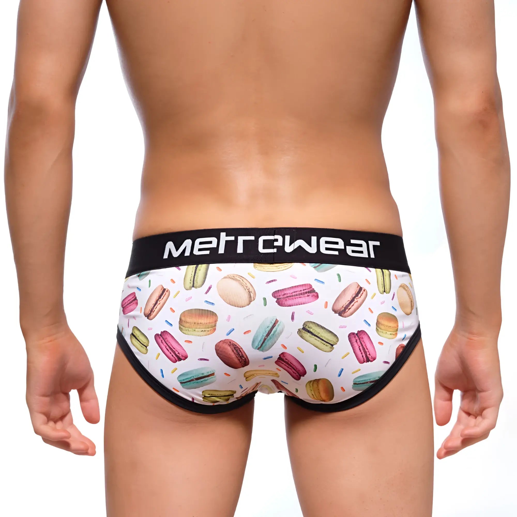White briefs with colorful macaron pattern black trim and metrowear brand name on waistband metroMalewear macaron brief 9003-32
