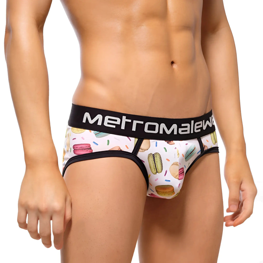 White men’s briefs with playful macaron and sprinkle pattern and black metromalew branded waistband metro malewear brief 9003-32
