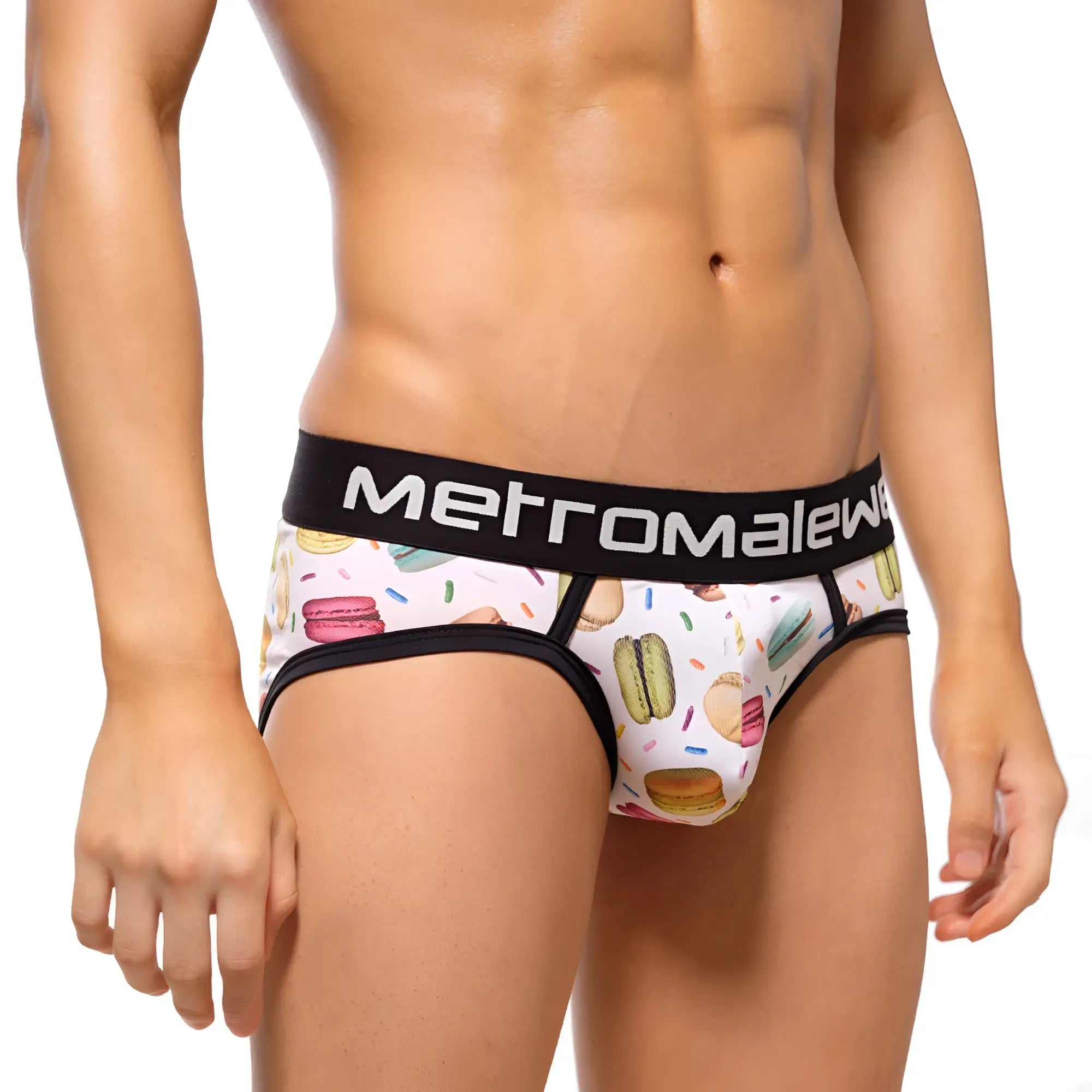 White men’s briefs with playful macaron and sprinkle pattern and black metromalew branded waistband metro malewear brief 9003-32