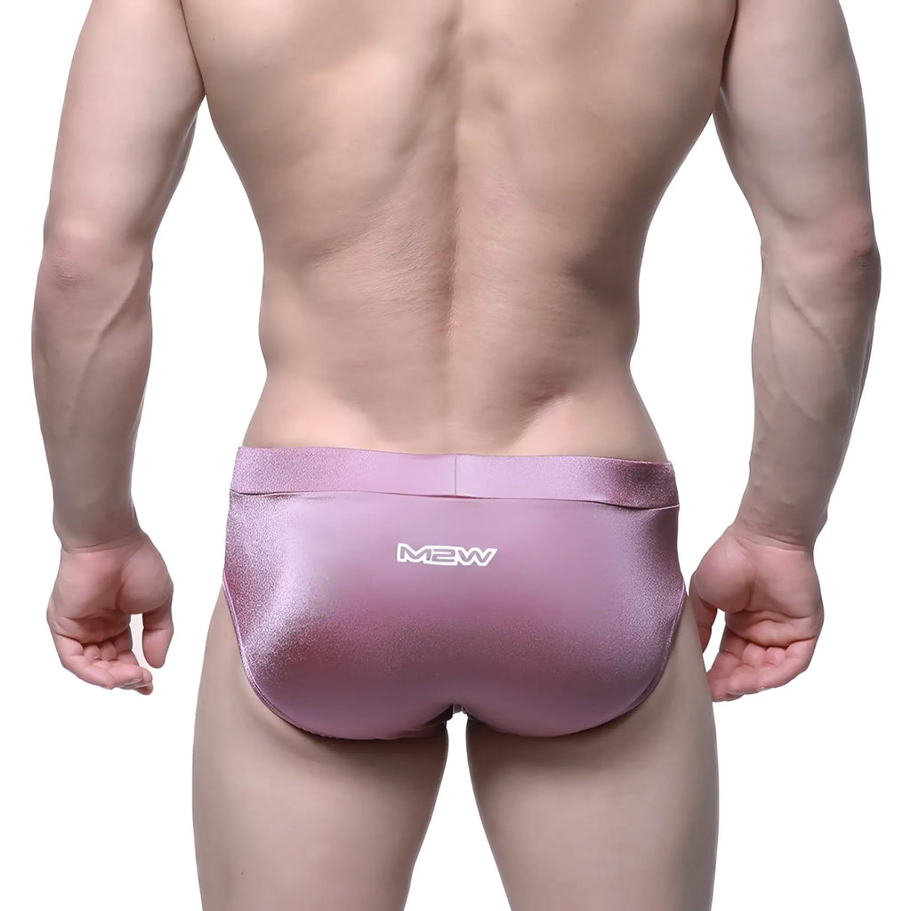 Pink metallic MetroMaleWear Madrid swim briefs with subtle gradient finish and white mew logo on waistband