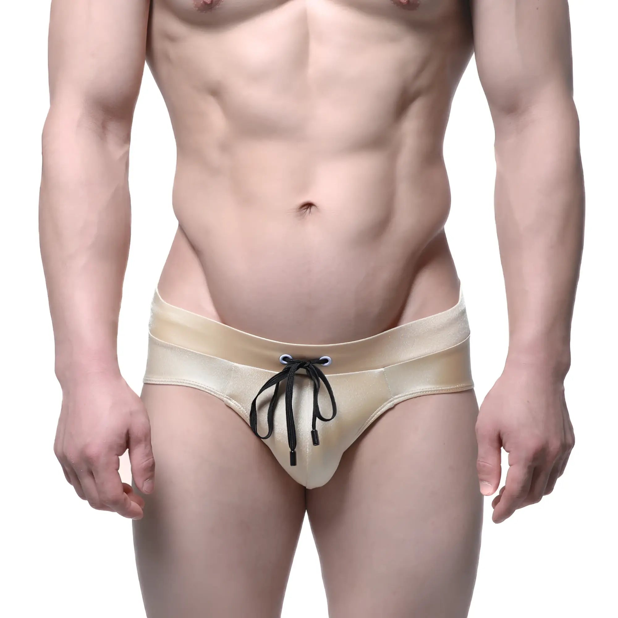Beige satin briefs with black drawstring ties from MetroMaleWear Madrid swim brief gold 4973-21 collection