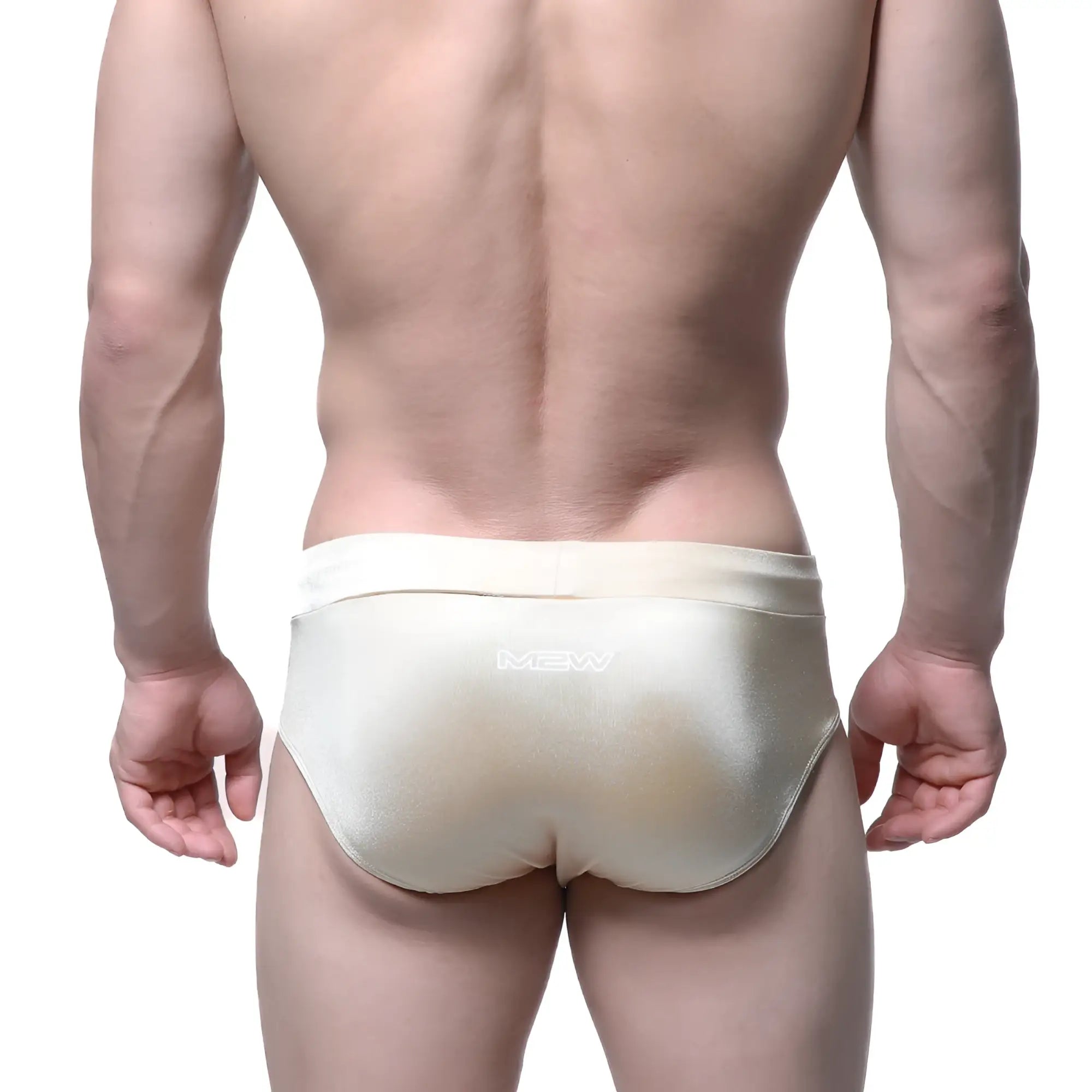 Cream-colored satin-finish MetroMaleWear Madrid swim brief with subtle sheen and matching waistband