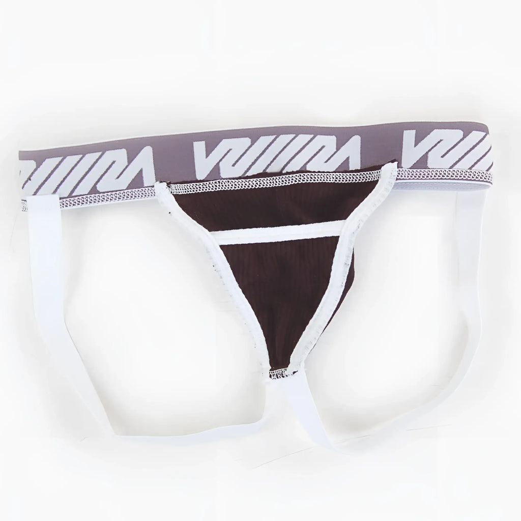 Black and white athletic briefs with gray waistband featuring viiim logo from metromalewear magic jock strap 2911-20