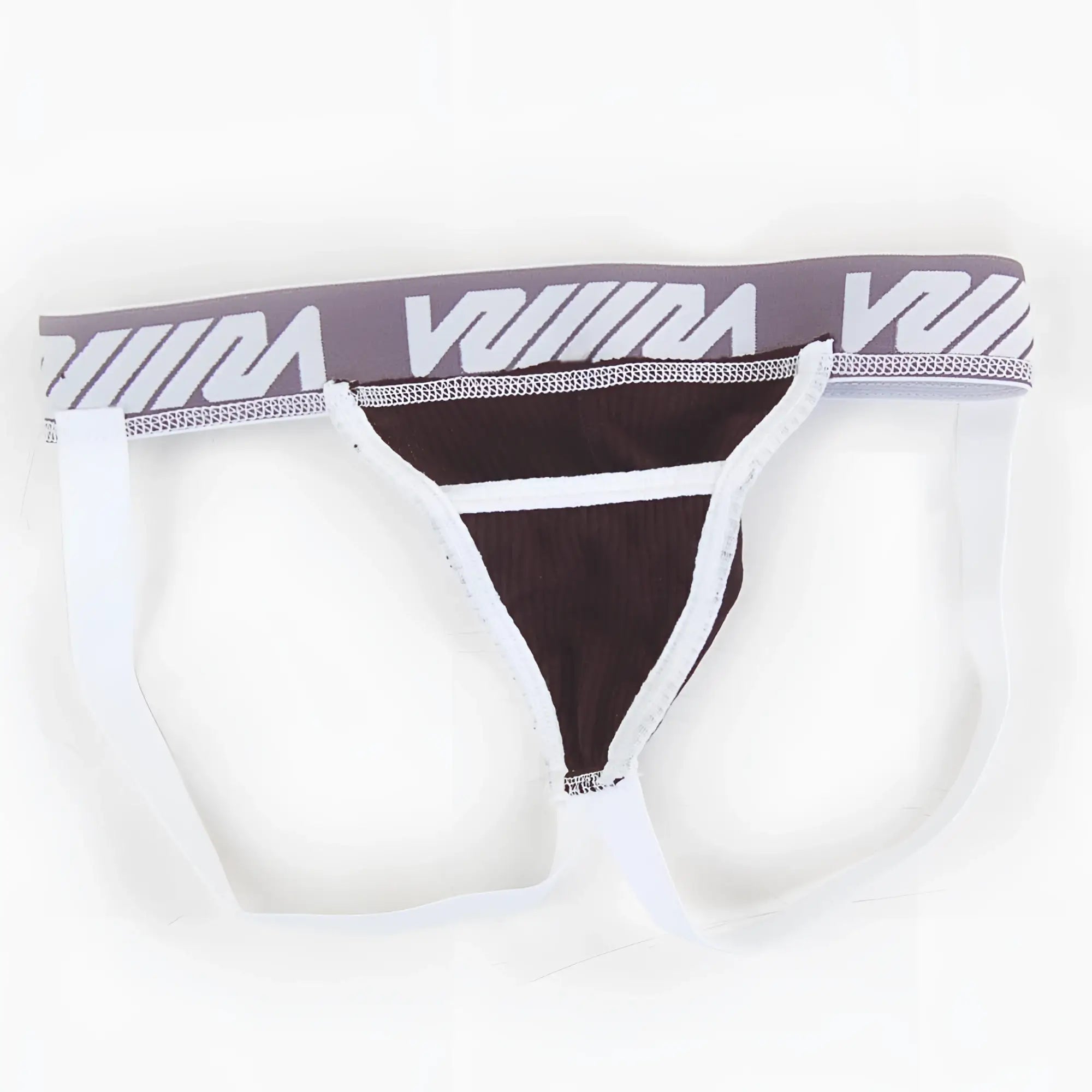 Black and white athletic briefs with gray waistband featuring viiim logo from metromalewear magic jock strap 2911-20