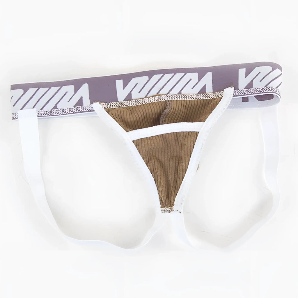 White and taupe metro malewear magic jock strap briefs with ribbed interior and gray viiim logo waistband