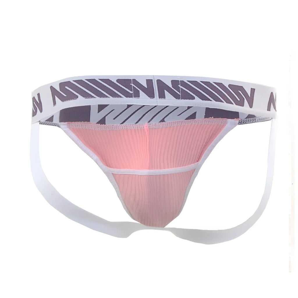 Pink ribbed athletic briefs with white waistband and bold purple gray geometric logo from MetroMaleWear Magic Jock Strap